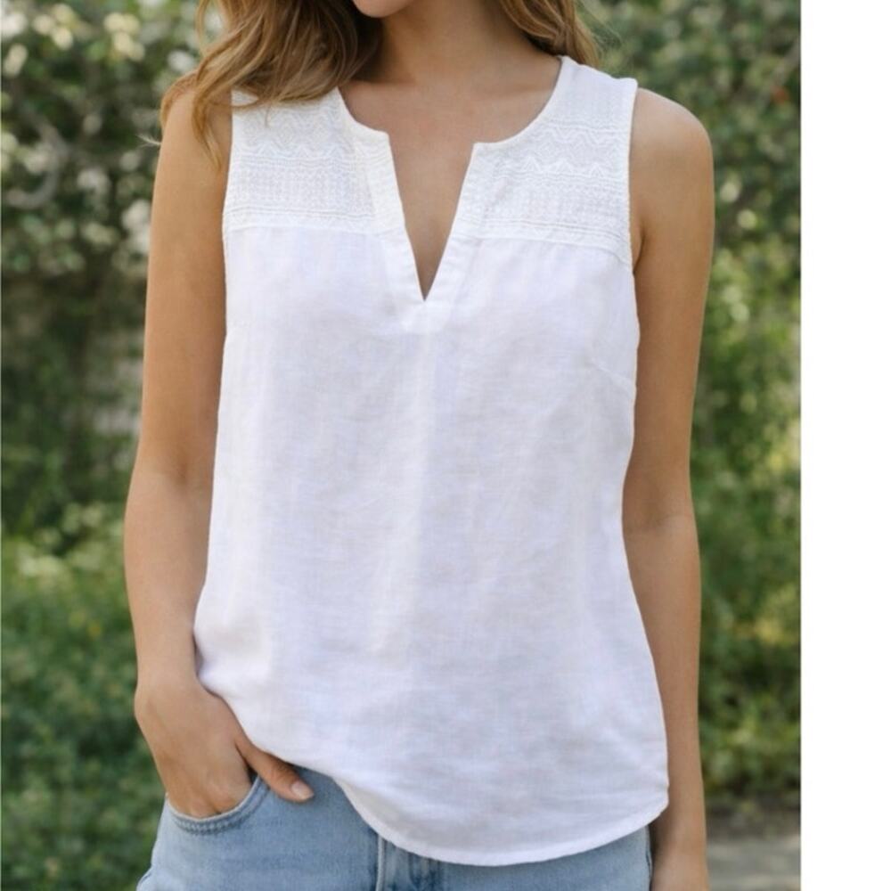 L.L.Bean Linen Cotton Sleeveless Top White Embroidered Boho Small